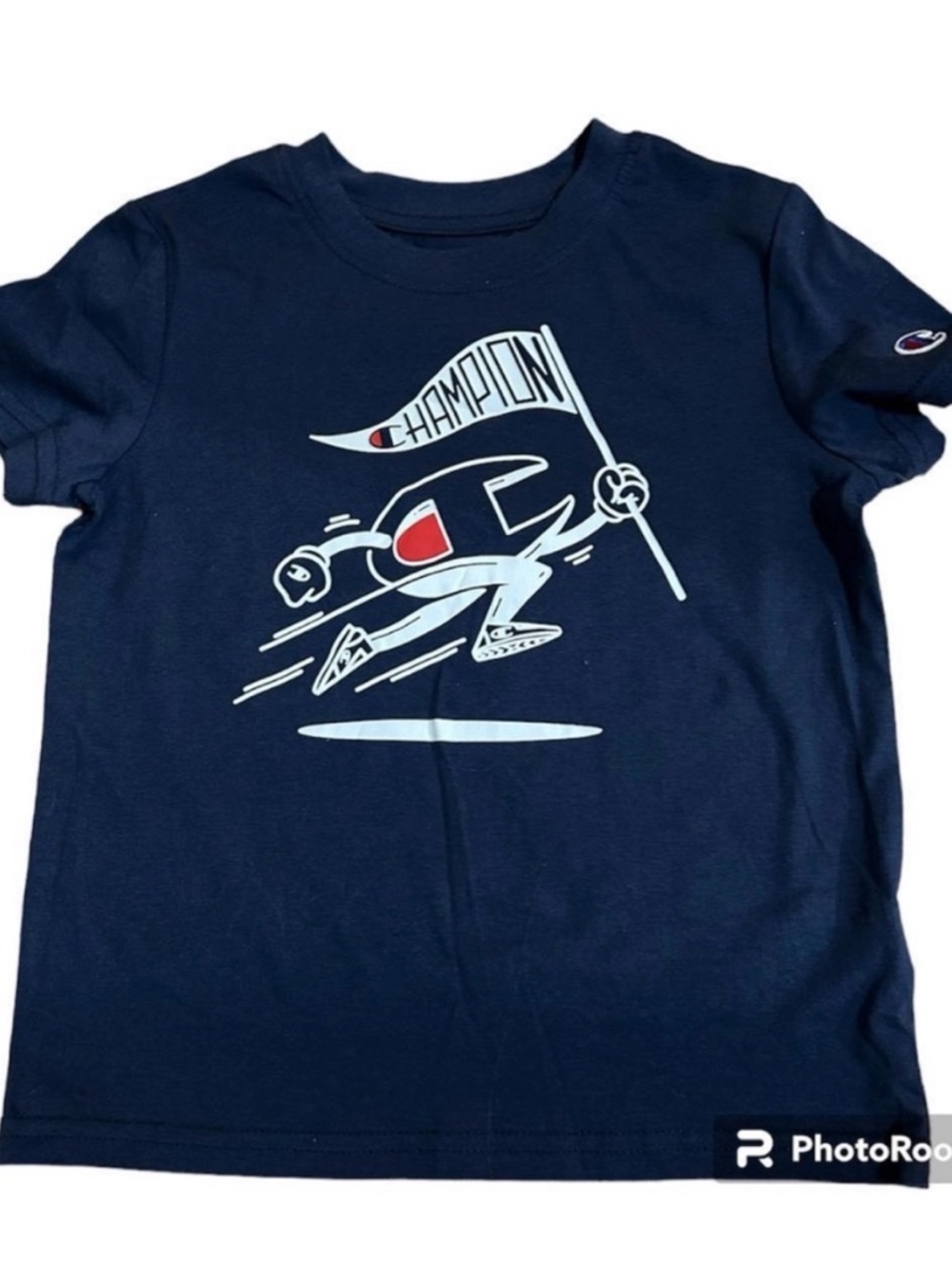 Champion Boys Navy Blue Graphic T-Shirt Mascot Speed Skater Flag Short Sleeve 5
